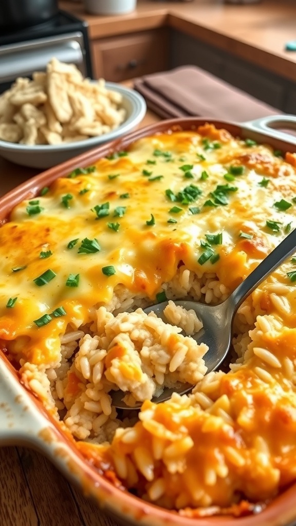 A golden chicken and rice casserole topped with melted cheese, served in a rustic dish on a wooden table.